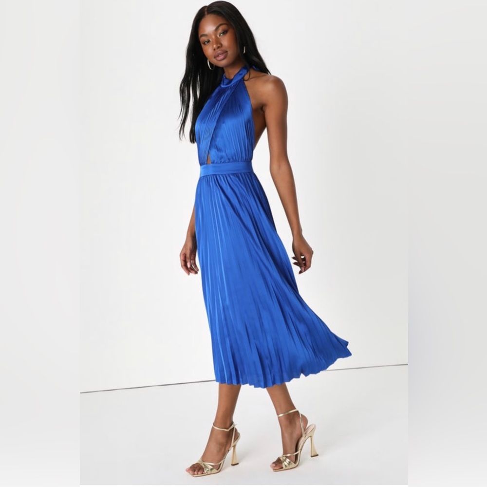 Royal Blue Satin Pleated Halter Midi Dress